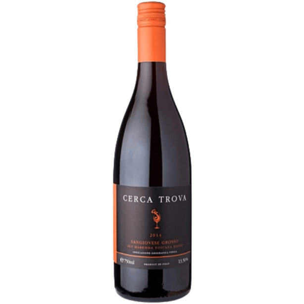 Cerca Trova Sangiovese di Maremma IGT - 6 butelek. Włoskie limitowane wino wyprodukowane ze szczepu Sangiovese z dodatkiem Merlota. Z winogron starannie wyselekcjonowanych z małych winnic wokół Roccastrada w Maremma w Toskanii.