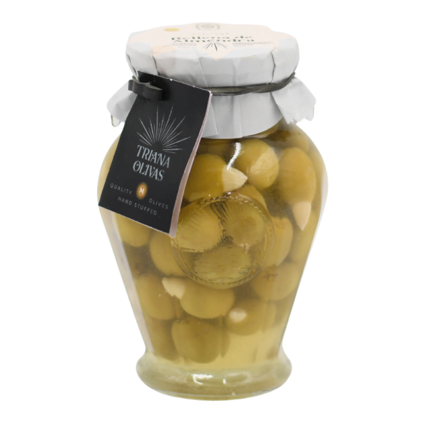 Oliwki Manzanilla nadziewane migdałem - Hiszpańskie oliwki z gatunku Manzanilla. Pakowane w szklany słoik o pojemności 580 ml.